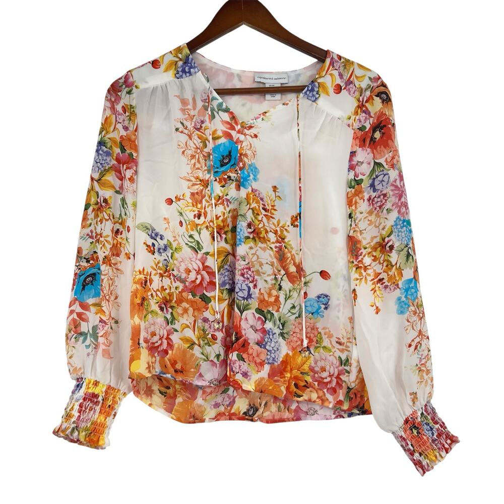 Cupcakes & cashmere White Orange Floral Blouse top Feminine Cottagecore boho XS